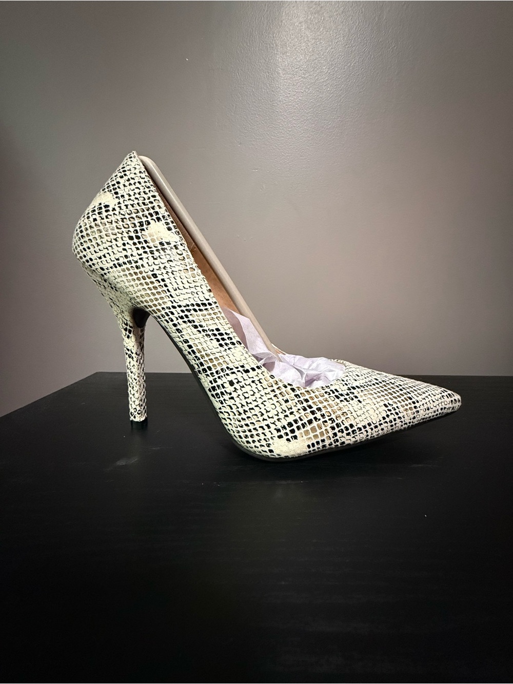 Pointed Toe Snake-Print Stiletto Pump in Cream and Black